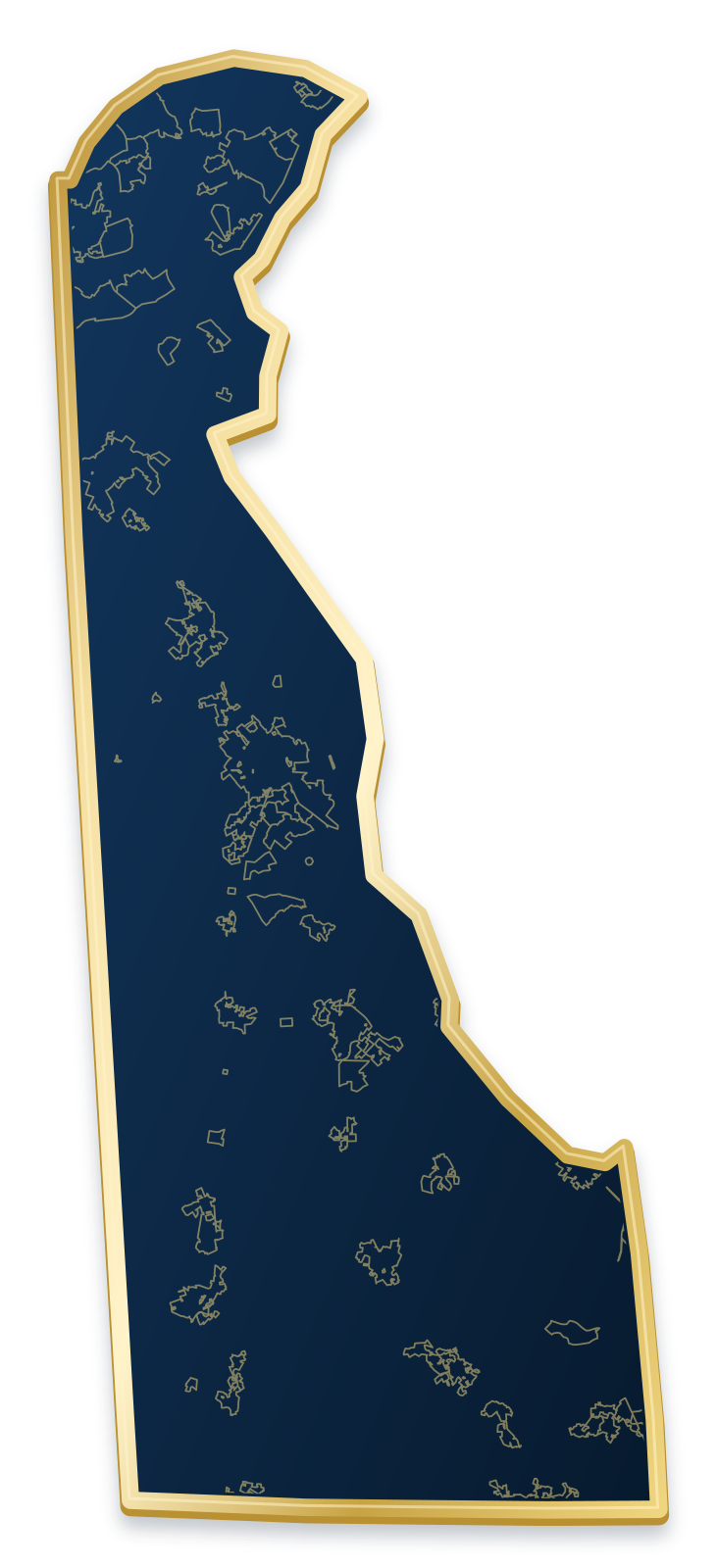 Delaware map with city and community outlines inside a raised metallic gold state border