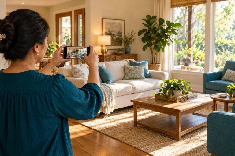 An owner photographs a welcoming care-home living room. Illustrative image.