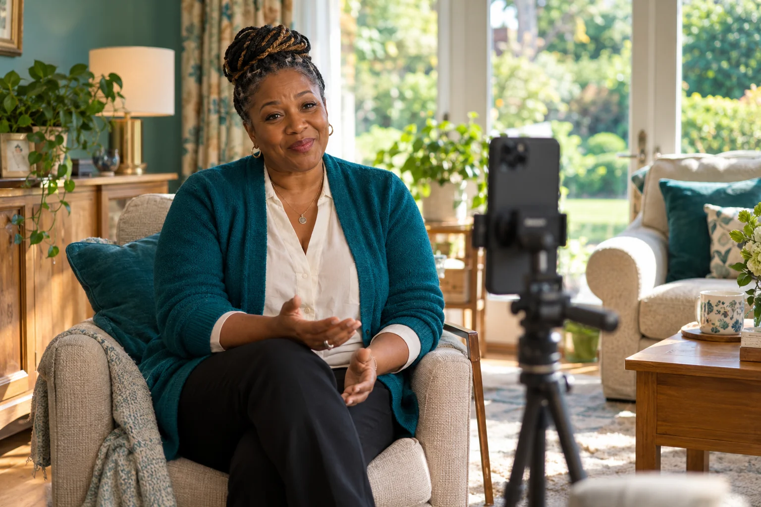 A care-home owner records a video introduction. Illustrative image. BestCareMatch editorial photo.