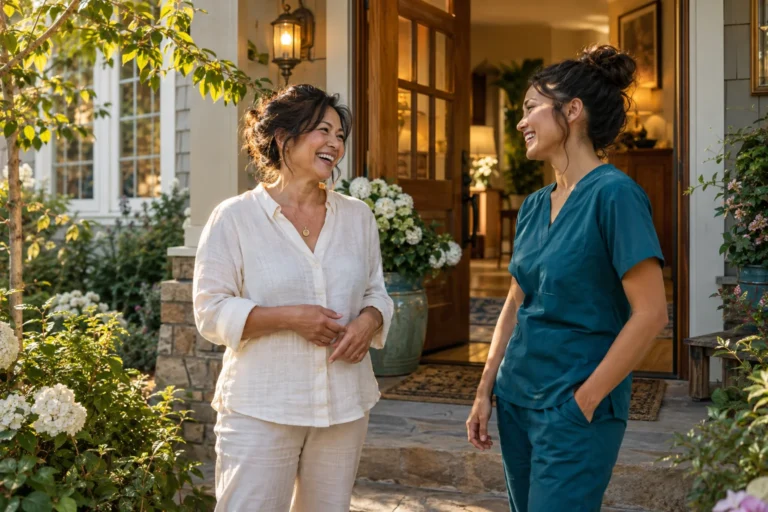 A care-home owner and team member share a moment at the entrance. Illustrative image.
