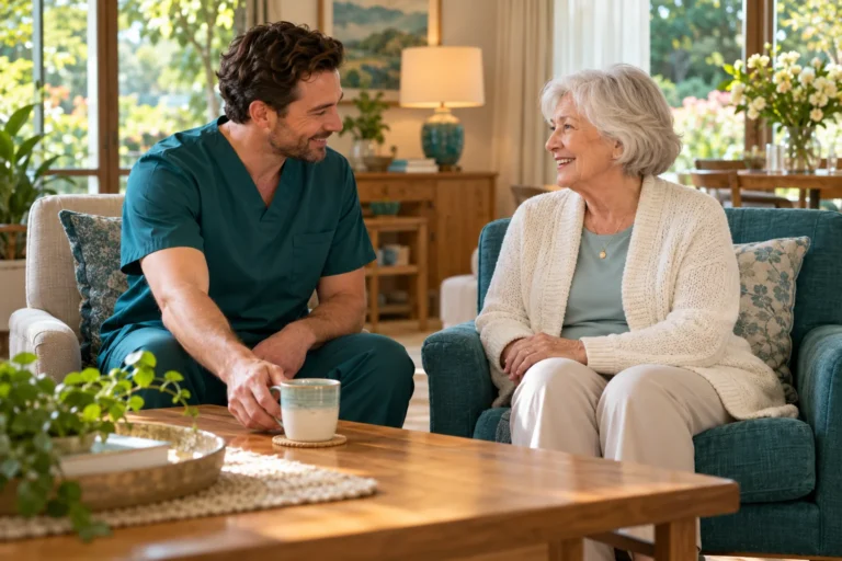 A caregiver and an older adult talk in a comfortable living room. Illustrative image.