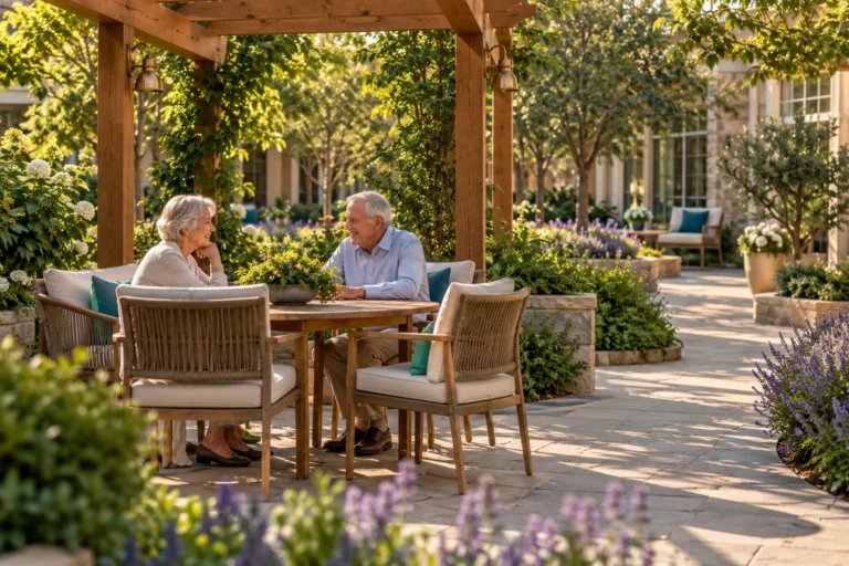Older adults enjoy a landscaped garden seating area. Illustrative image.