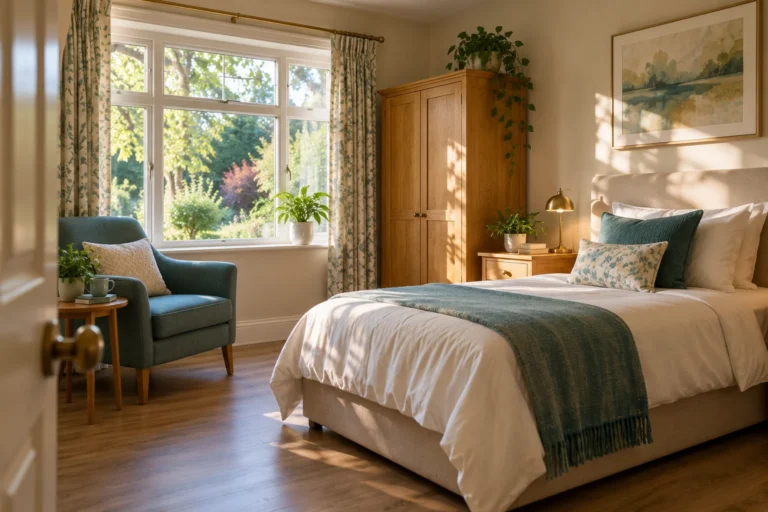 A sunlit bedroom with a reading chair and garden window. Illustrative image.