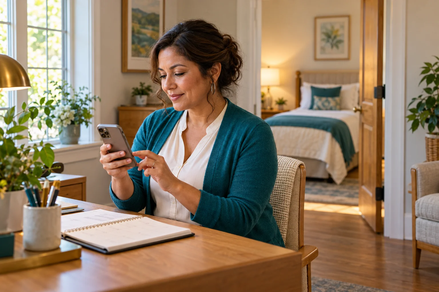 A provider uses a phone beside a prepared room. Illustrative image. BestCareMatch editorial photo.