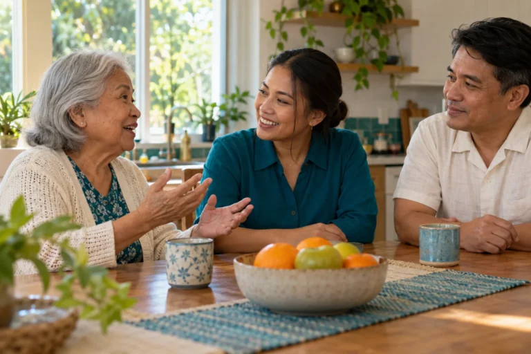 A provider and family share a conversation at a table. Illustrative image.