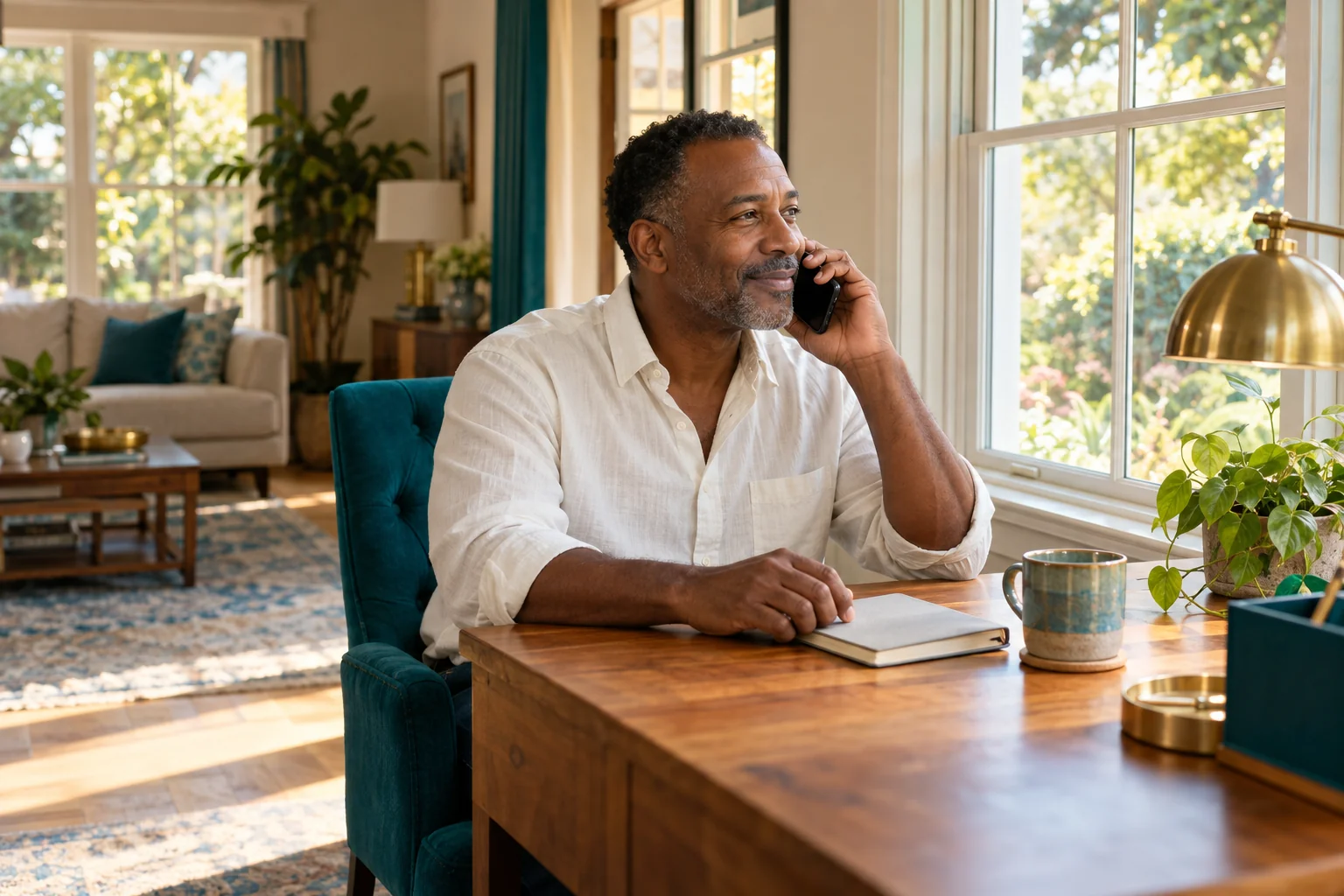 A care-home owner answers a phone call. Illustrative image. BestCareMatch editorial photo.