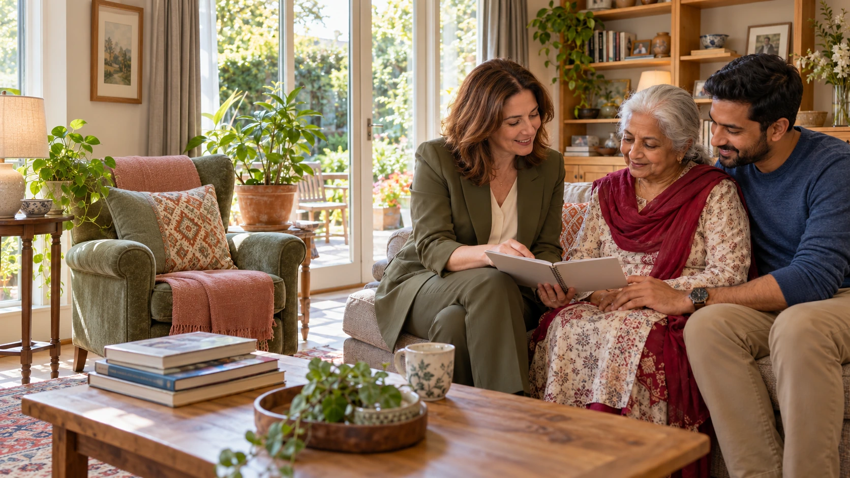 An older woman and her son review a notebook with a care advisor in a living room. Illustrative care scene.