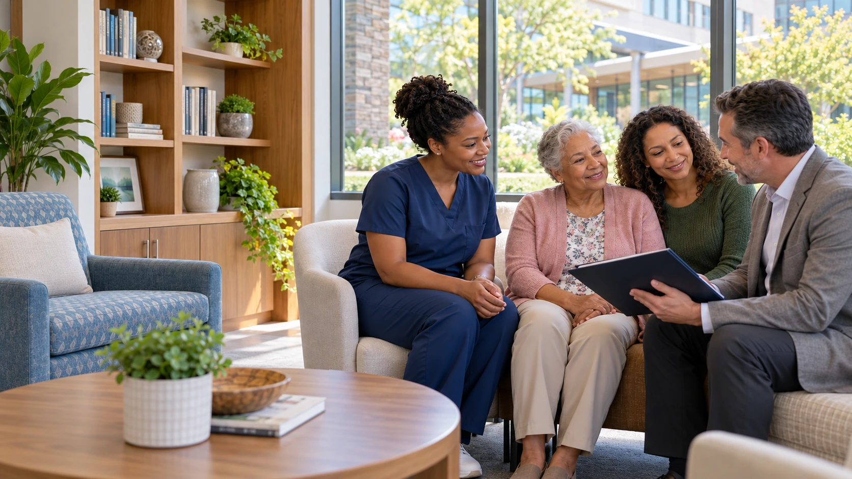 An older woman and her daughter speak with a nurse and coordinator in a comfortable care lounge. Illustrative care scene.