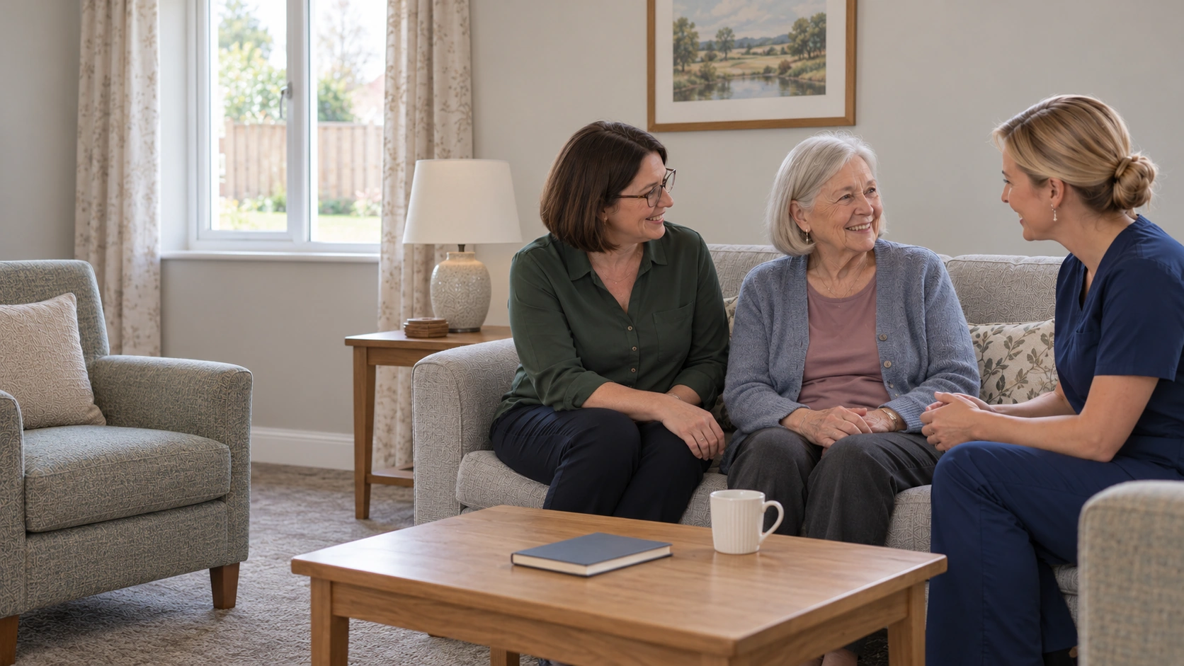A mother with straight silver hair and her daughter in a green blouse speak with a care provider in a simple, naturally lit residential lounge. Illustrative care scene.