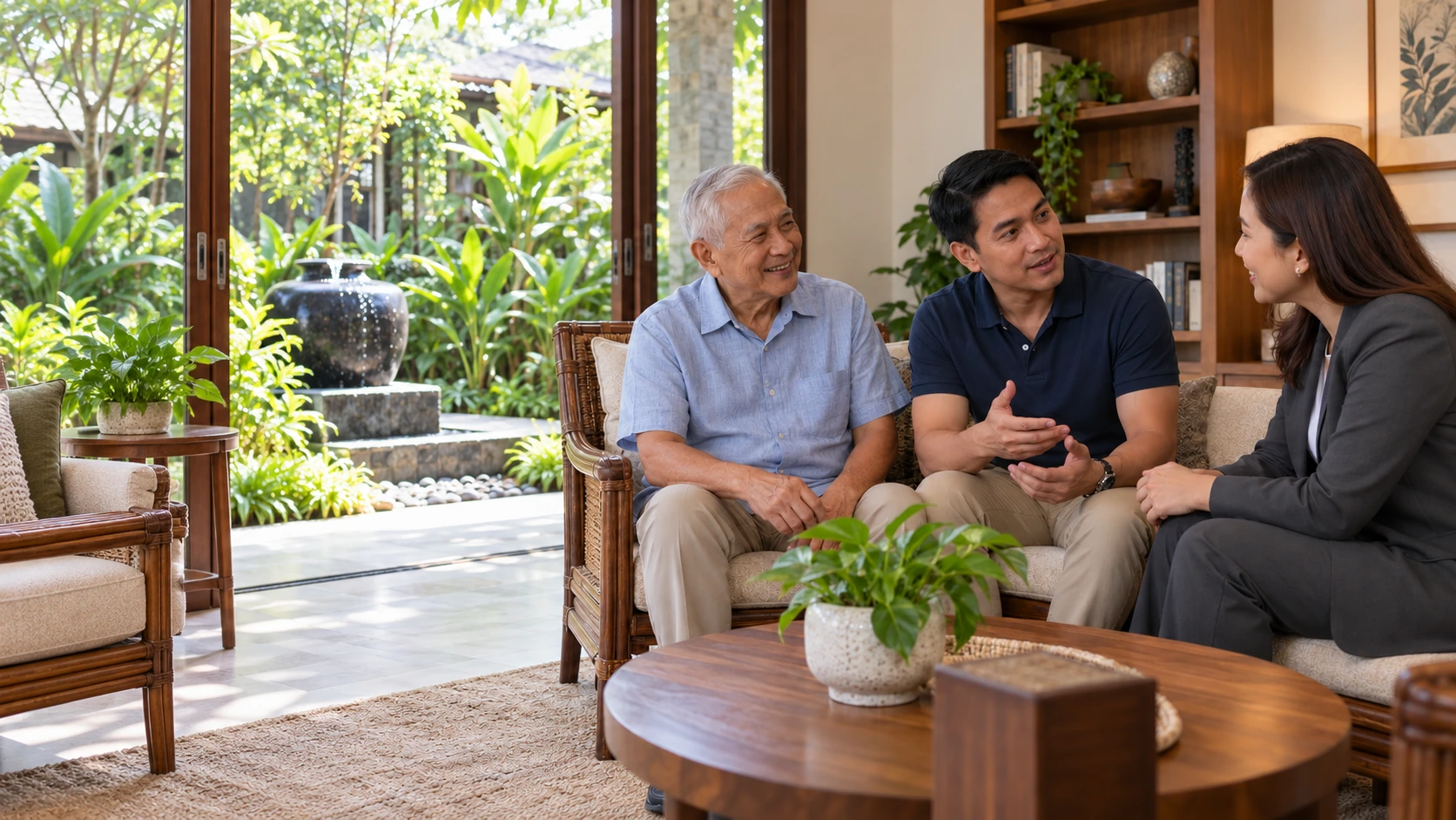 An older father and his adult son talk with an advisor beside a garden-facing window. Illustrative care scene.