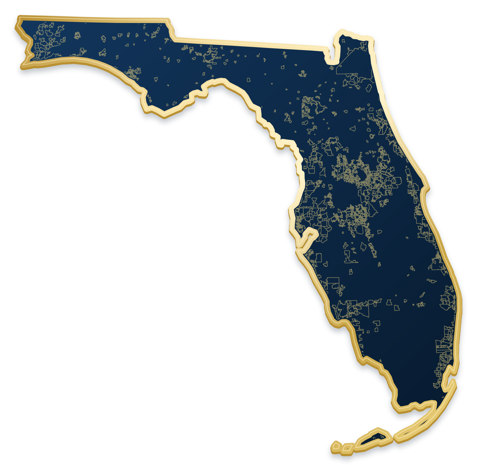 Florida map with city and community outlines inside a raised metallic gold state border