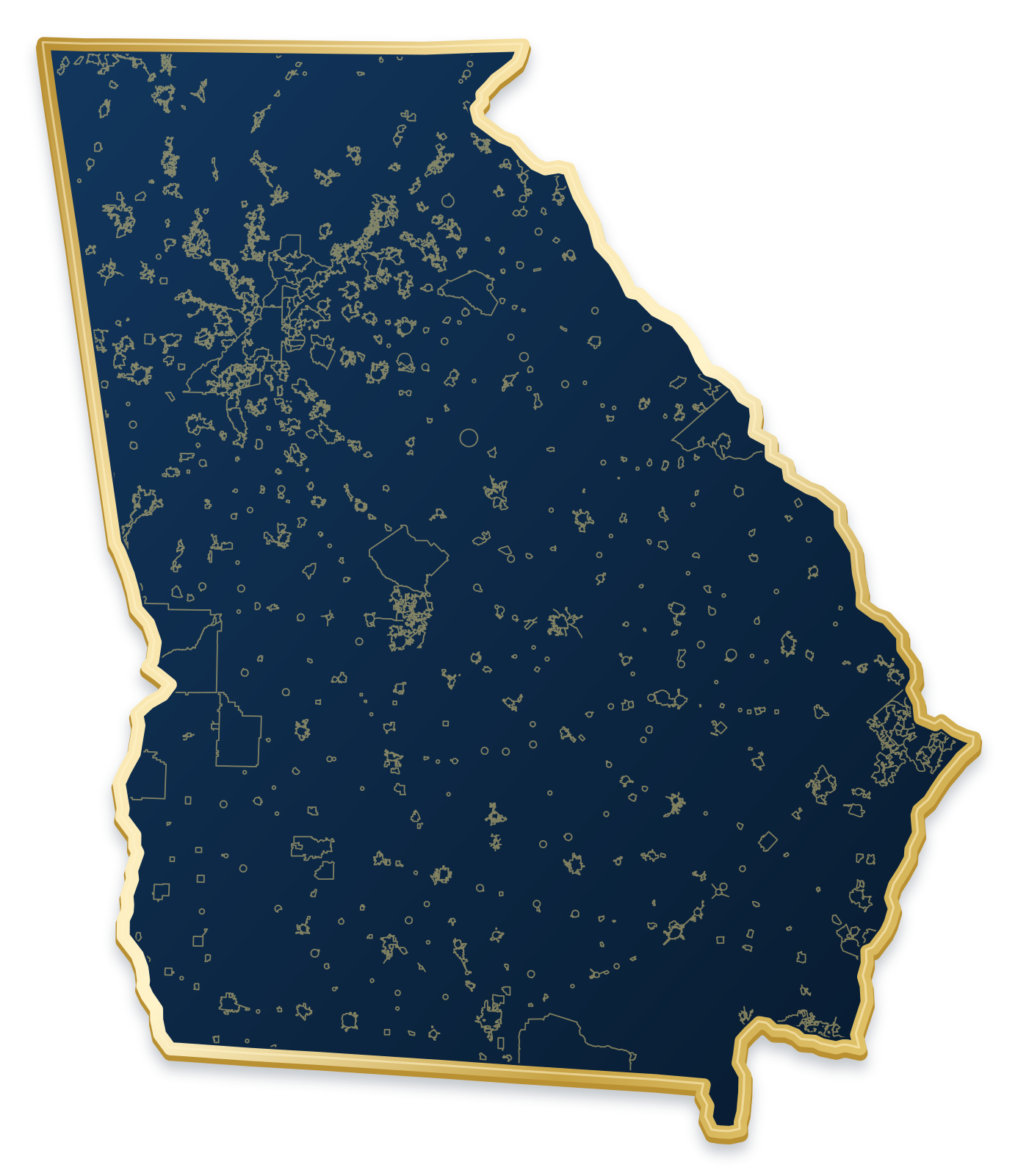 Georgia map with city and community outlines inside a raised metallic gold state border