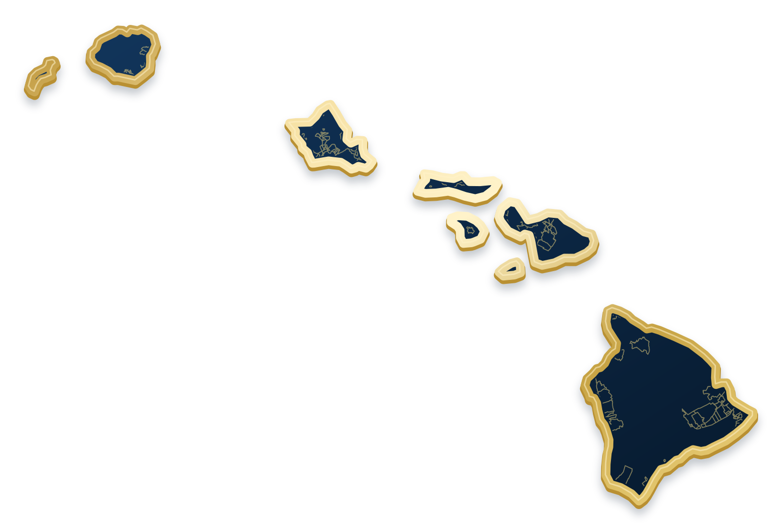 Hawaii map with city and community outlines inside a raised metallic gold state border