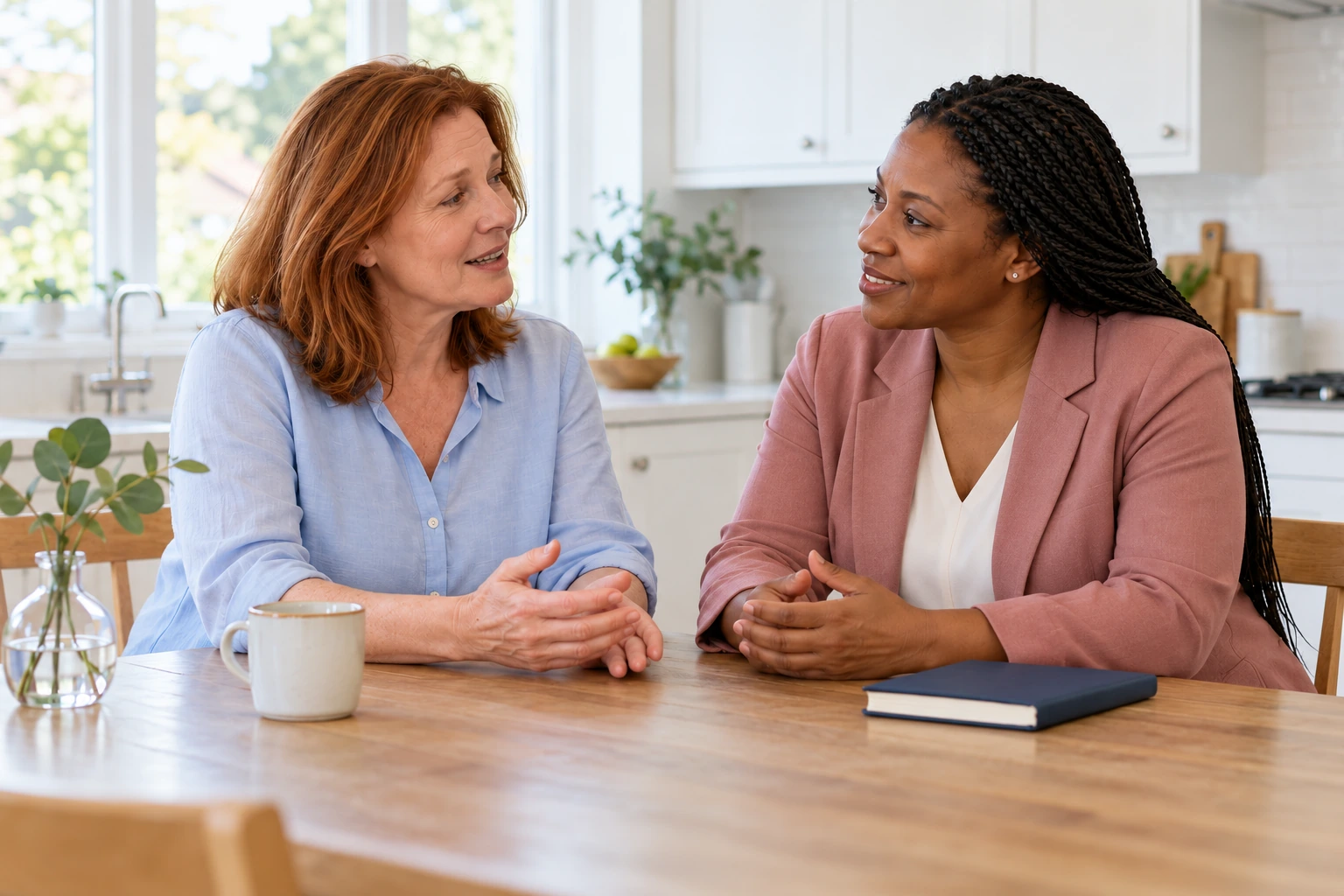Two women discuss their options with an advisor in a rose-colored blazer. Illustrative care-guidance scene.