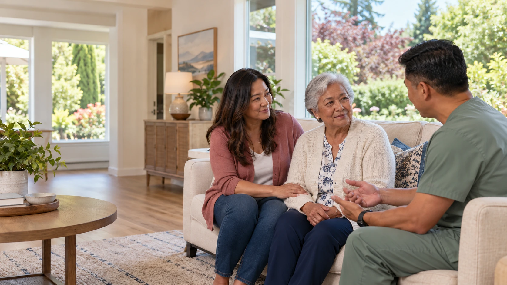 A mother and daughter speak with a host in a sage shirt in a welcoming living room.