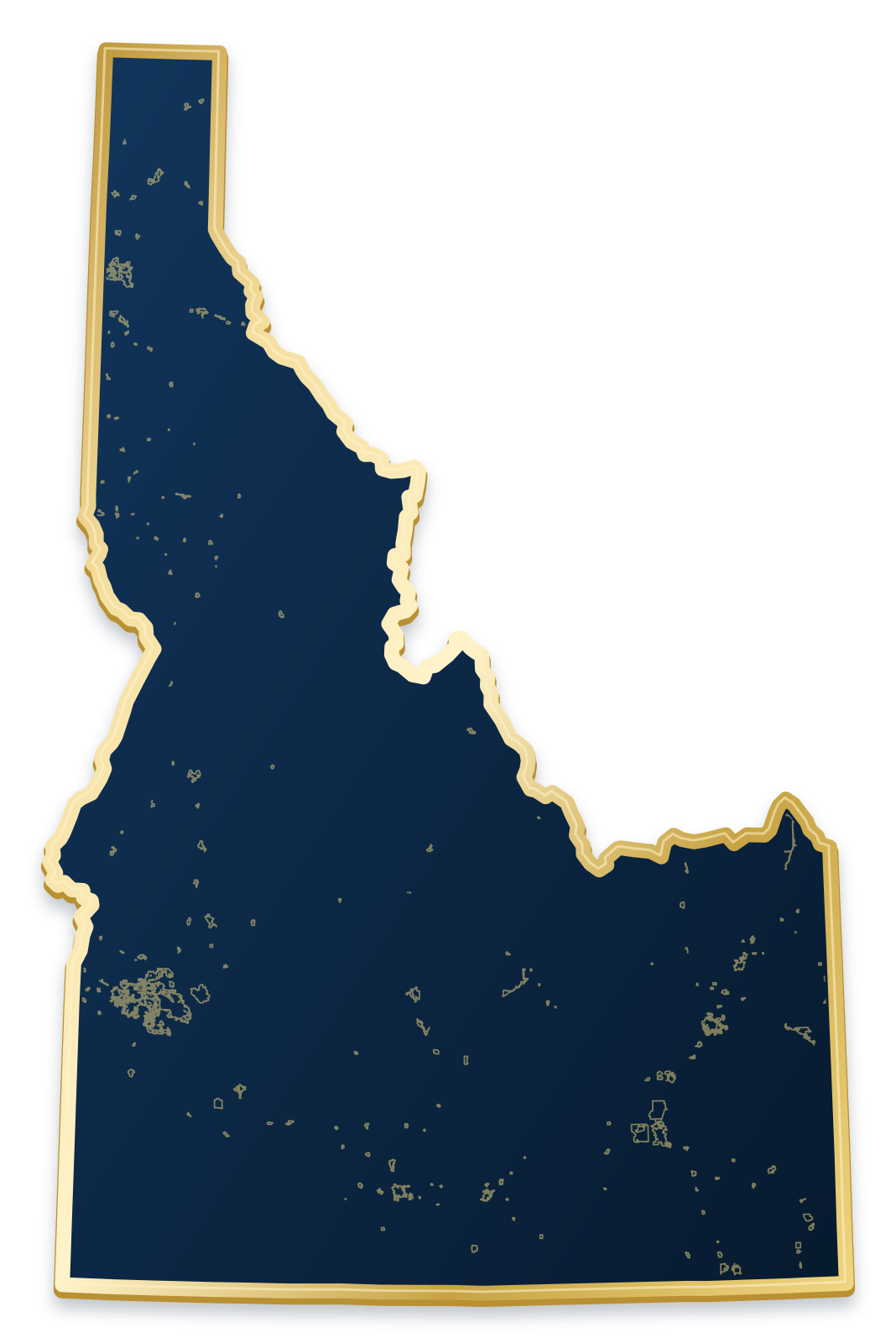Idaho map with city and community outlines inside a raised metallic gold state border