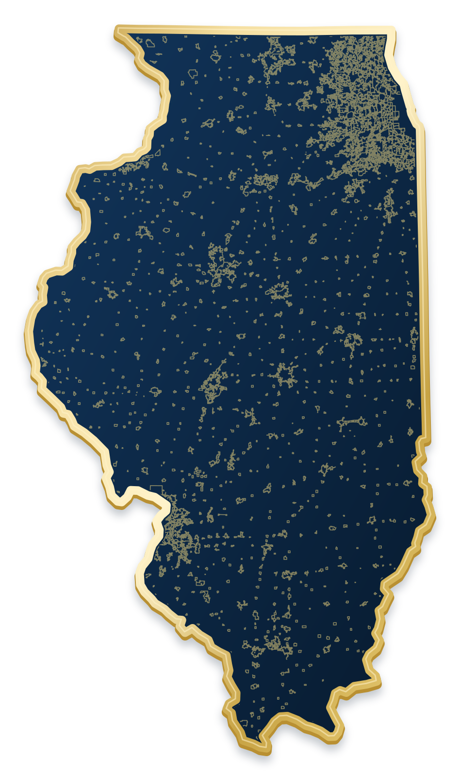 Illinois map with city and community outlines inside a raised metallic gold state border