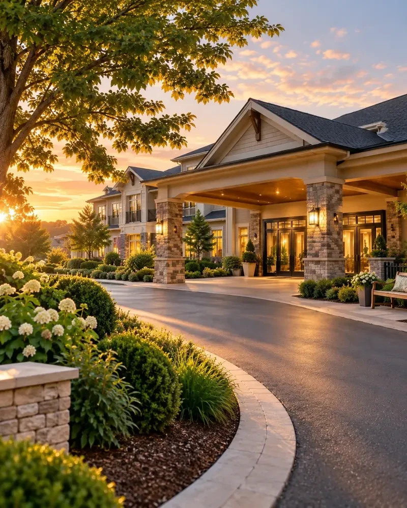 Illustrative community entrance with landscaped grounds.