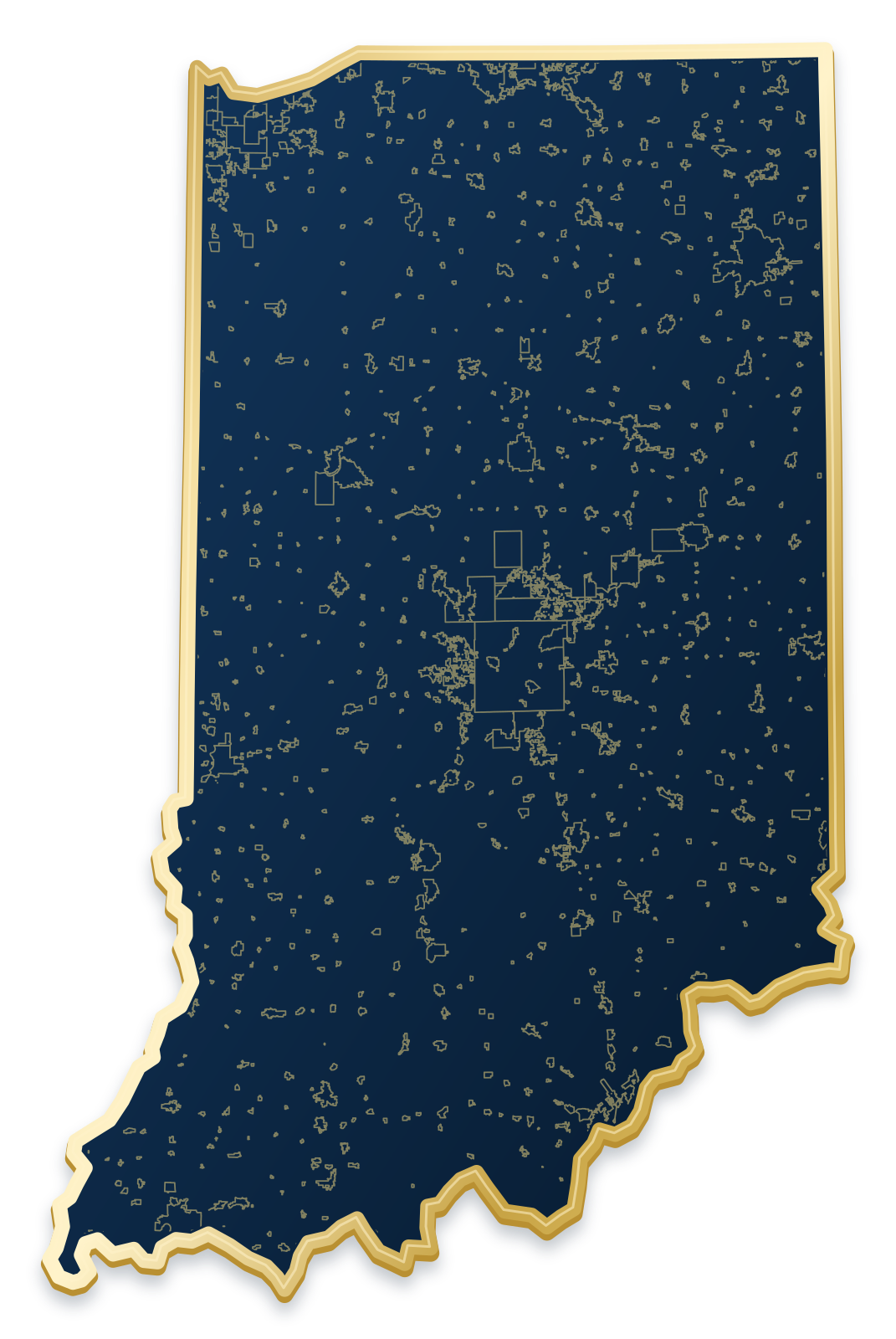 Indiana map with city and community outlines inside a raised metallic gold state border