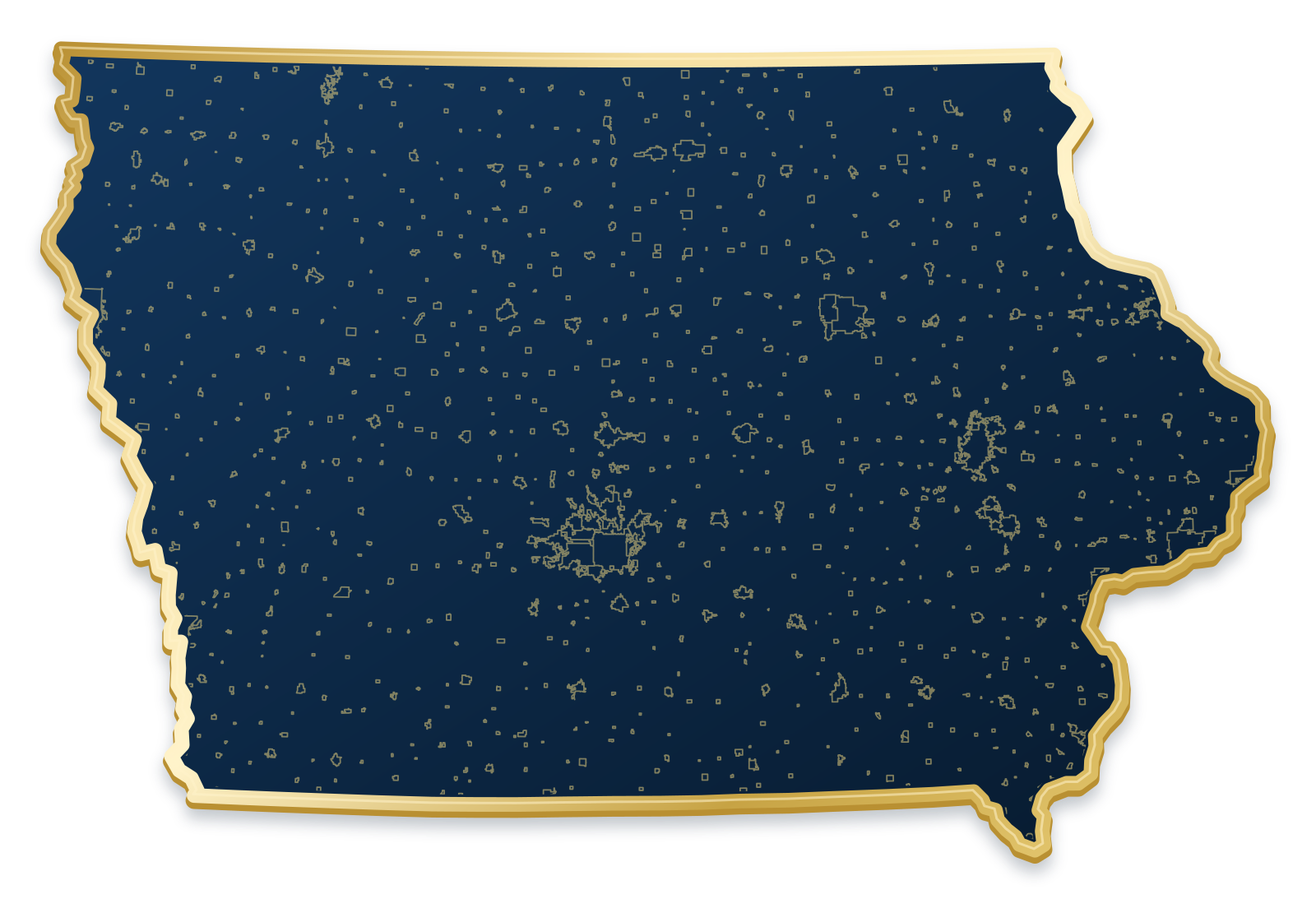 Iowa map with city and community outlines inside a raised metallic gold state border