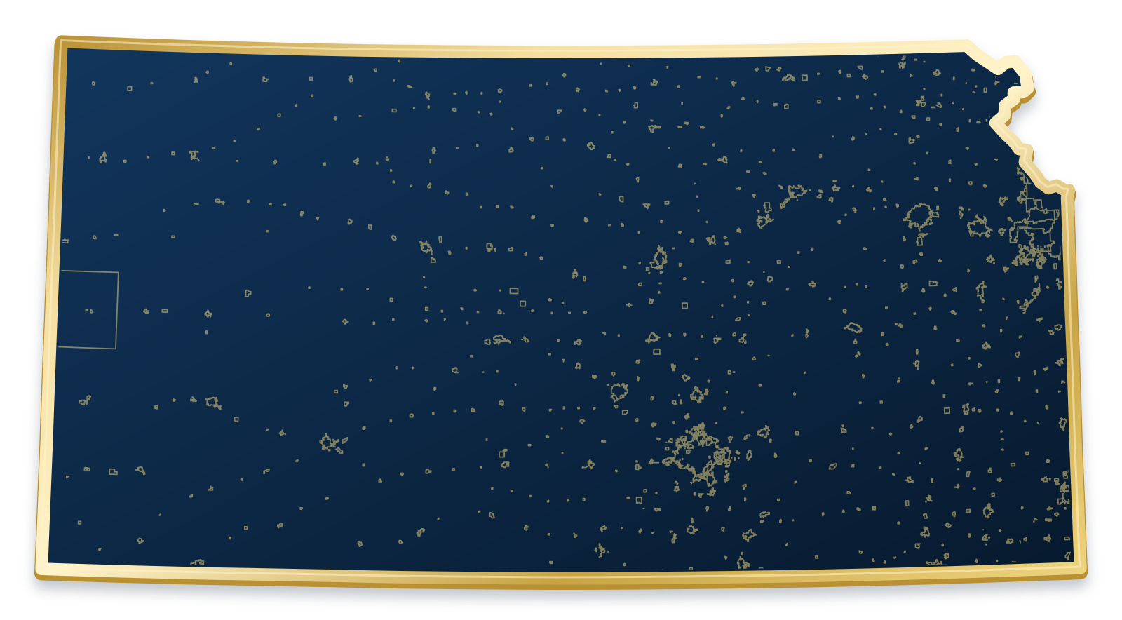 Kansas map with city and community outlines inside a raised metallic gold state border