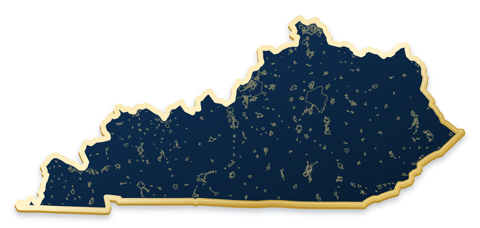 Kentucky map with city and community outlines inside a raised metallic gold state border