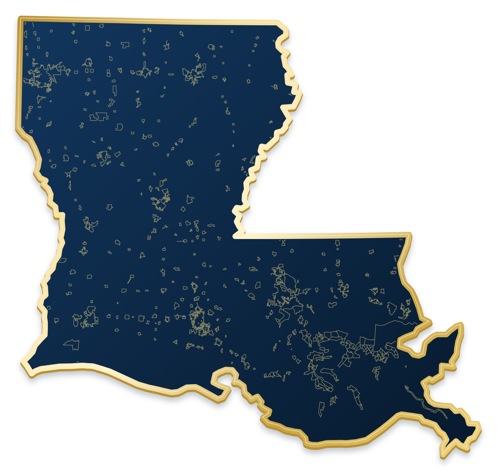 Louisiana map with city and community outlines inside a raised metallic gold state border