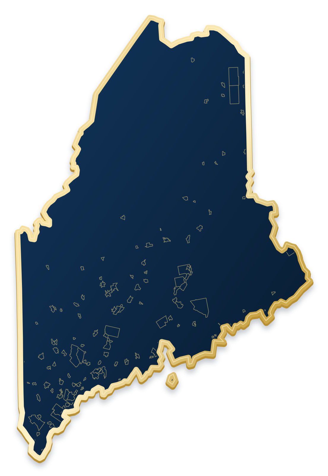 Maine map with city and community outlines inside a raised metallic gold state border