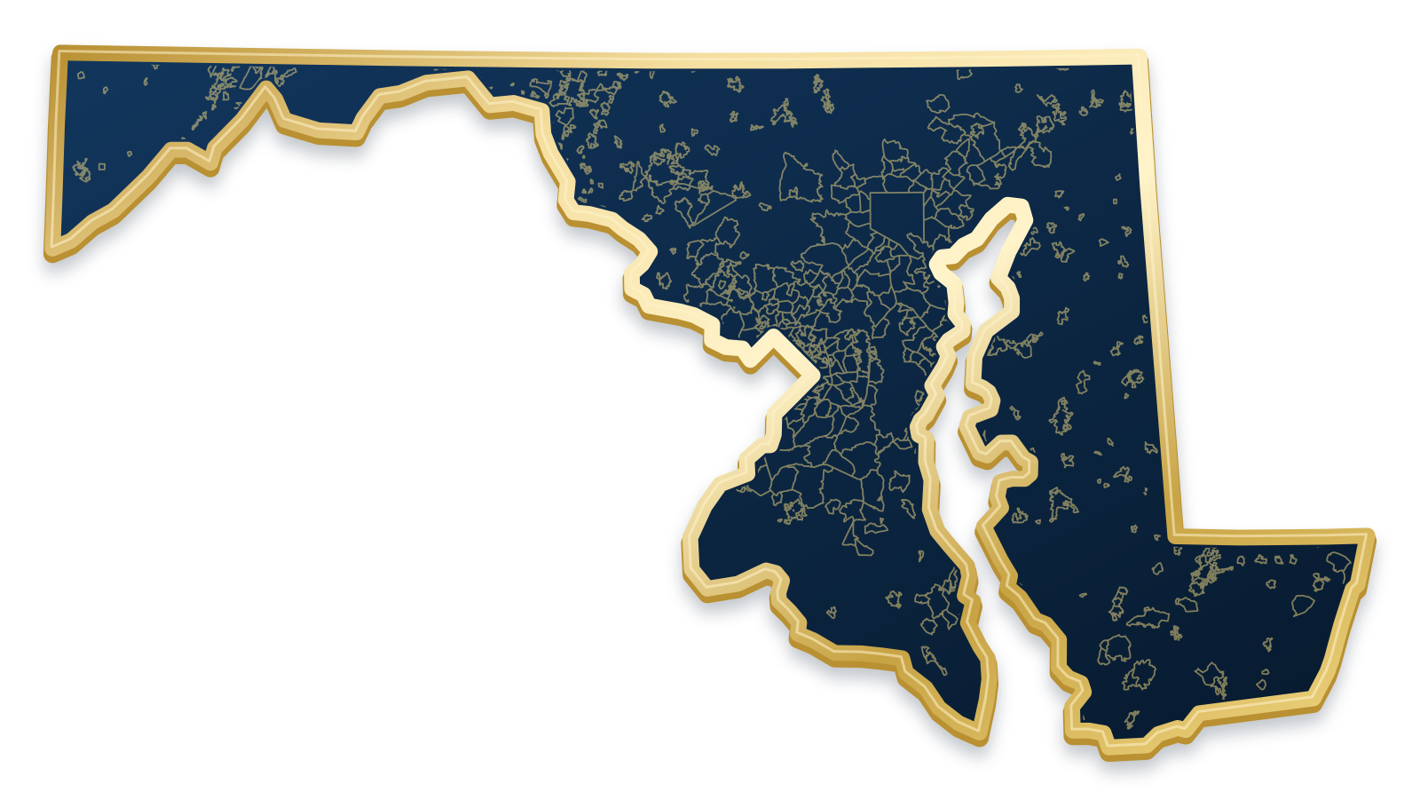 Maryland map with city and community outlines inside a raised metallic gold state border