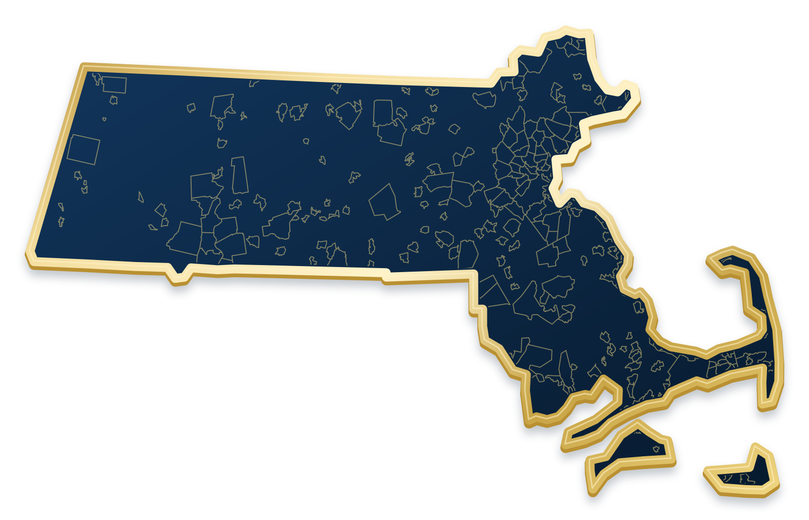 Massachusetts map with city and community outlines inside a raised metallic gold state border