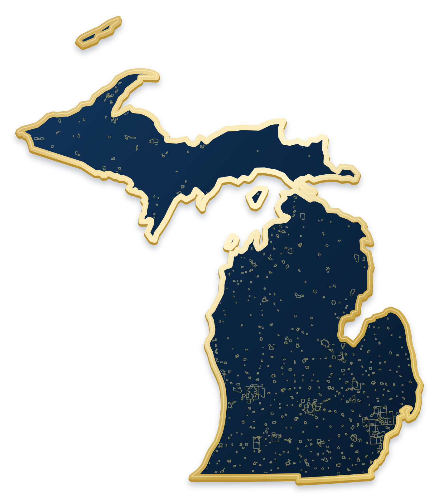 Michigan map with city and community outlines inside a raised metallic gold state border