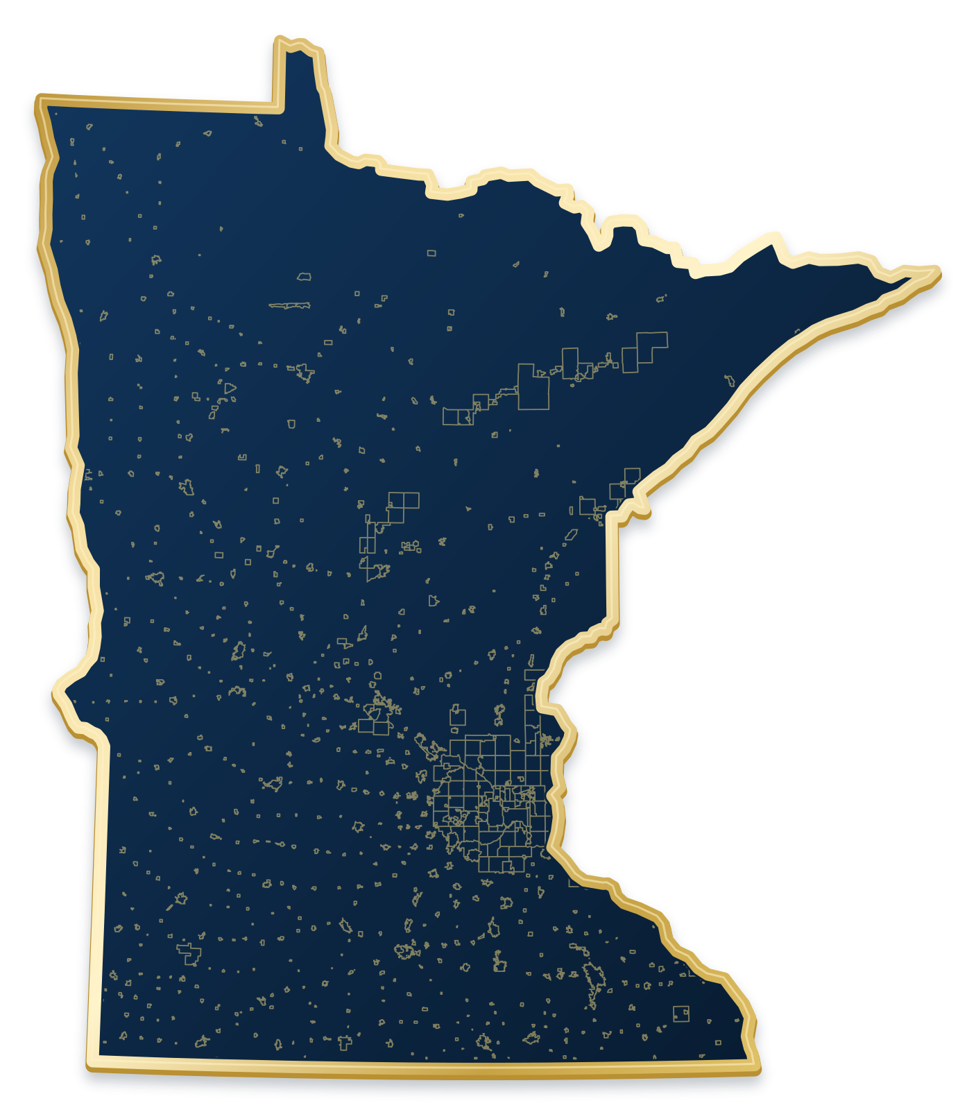 Minnesota map with city and community outlines inside a raised metallic gold state border