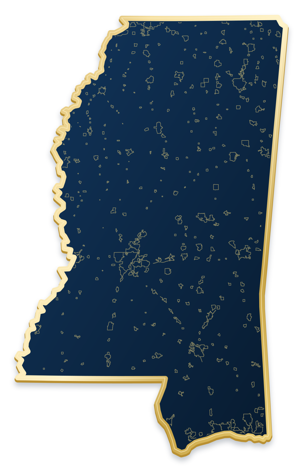 Mississippi map with city and community outlines inside a raised metallic gold state border