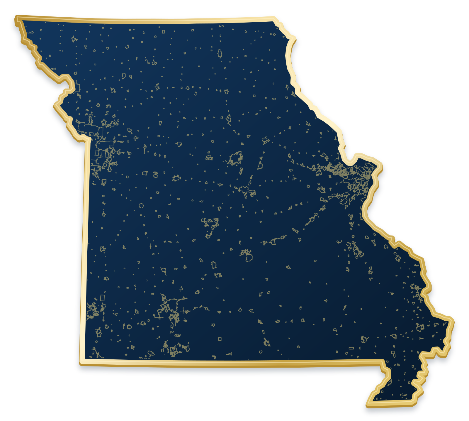 Missouri map with city and community outlines inside a raised metallic gold state border