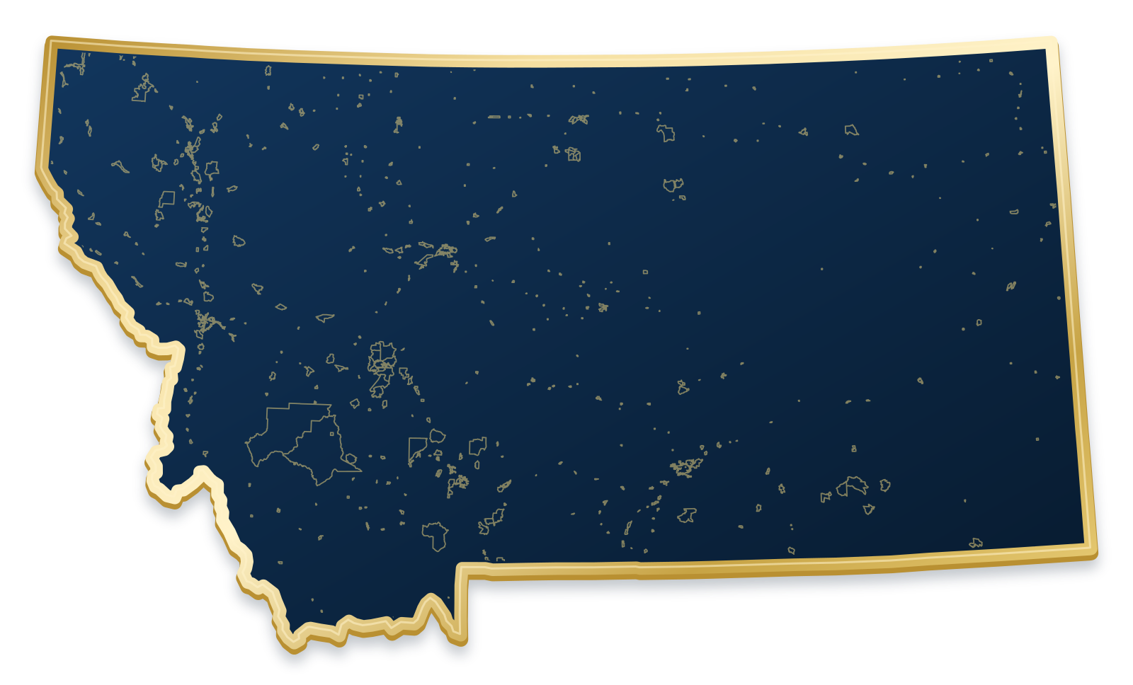 Montana map with city and community outlines inside a raised metallic gold state border