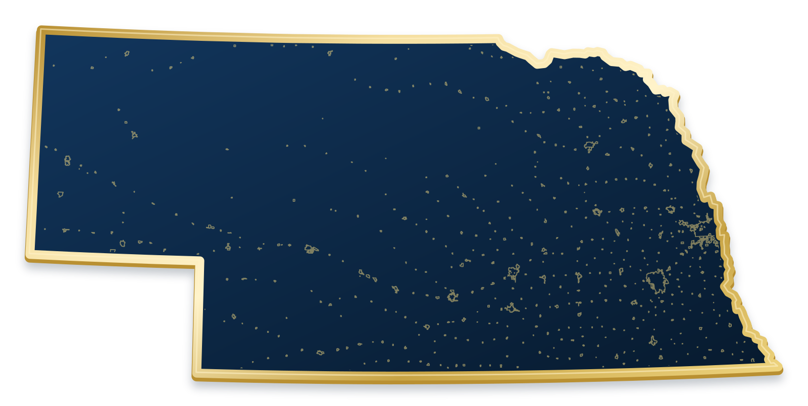 Nebraska map with city and community outlines inside a raised metallic gold state border