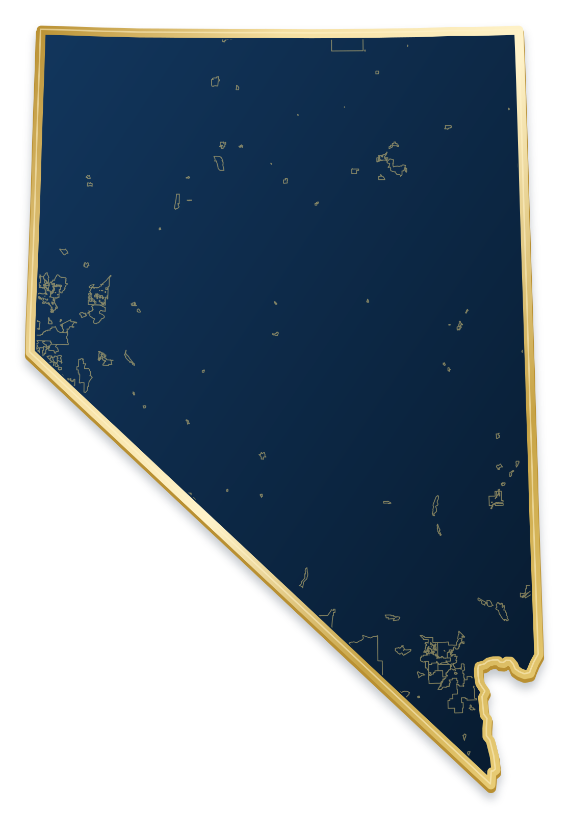 Nevada map with city and community outlines inside a raised metallic gold state border
