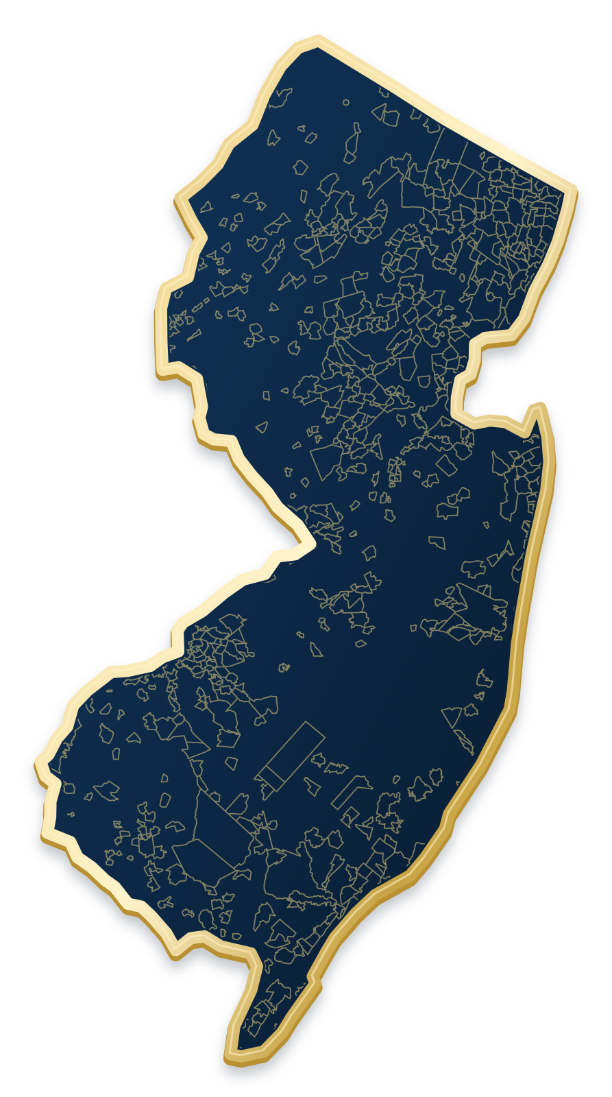 New Jersey map with city and community outlines inside a raised metallic gold state border