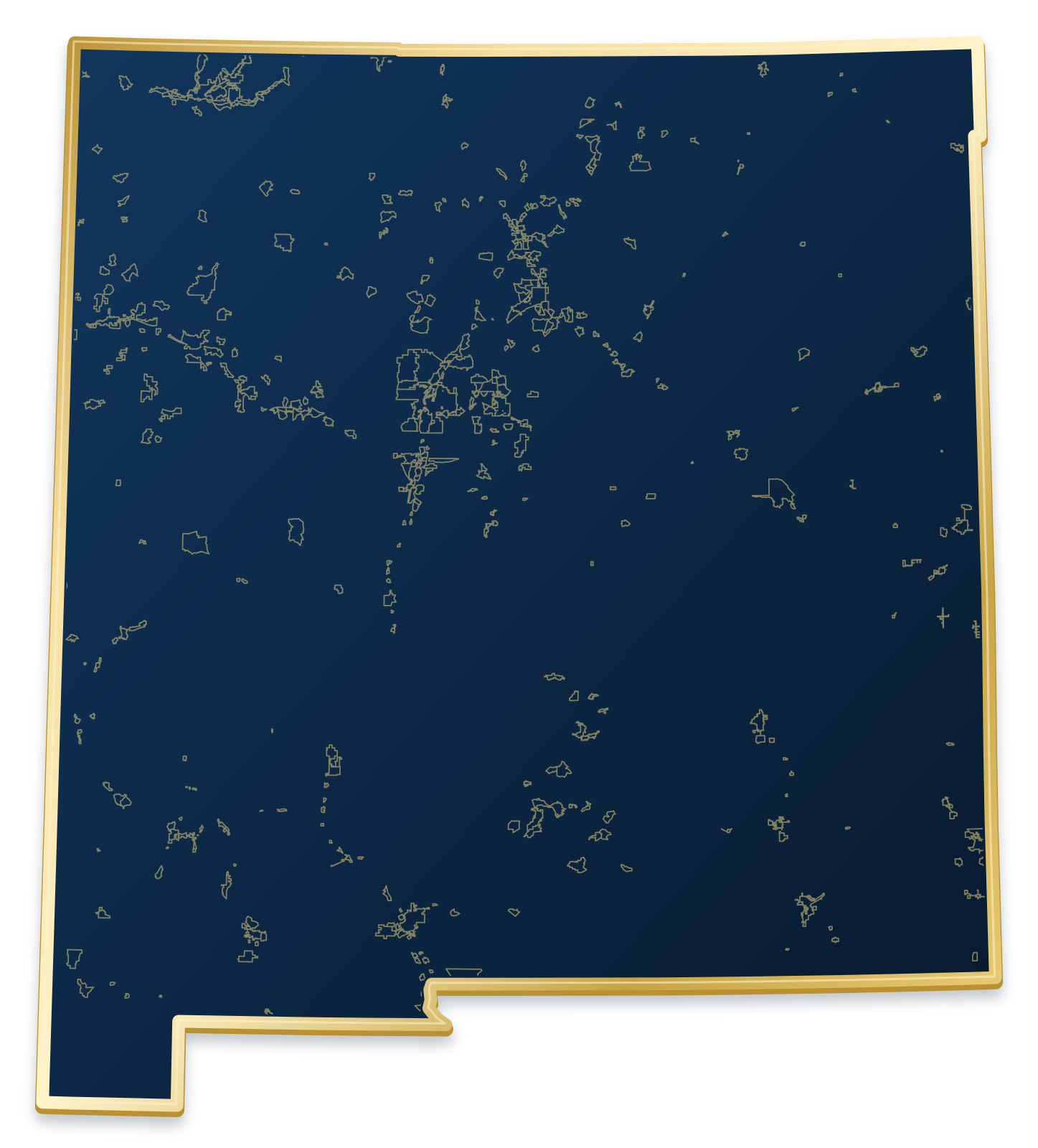 New Mexico map with city and community outlines inside a raised metallic gold state border