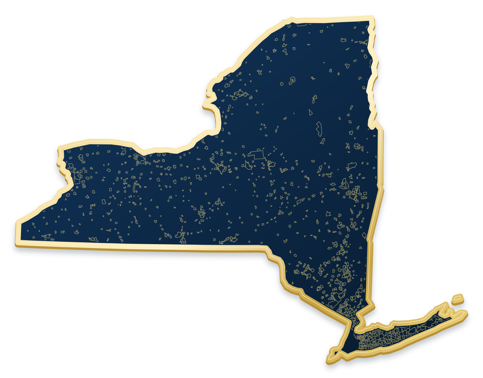 New York map with city and community outlines inside a raised metallic gold state border