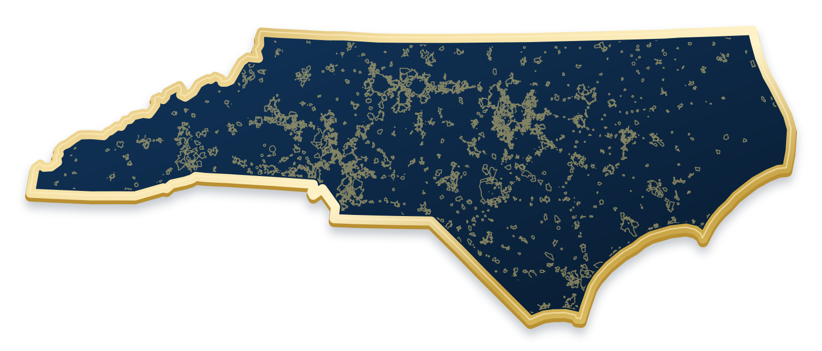 North Carolina map with city and community outlines inside a raised metallic gold state border
