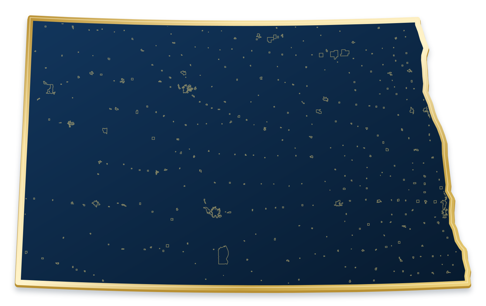 North Dakota map with city and community outlines inside a raised metallic gold state border