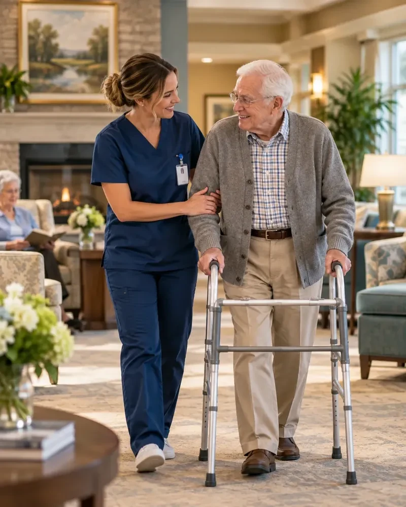 Care professional beside an older adult using a walker