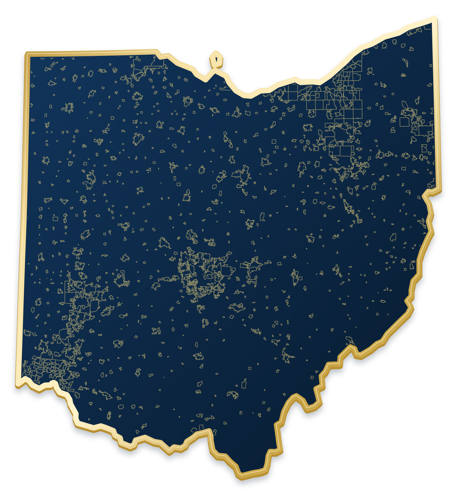 Ohio map with city and community outlines inside a raised metallic gold state border