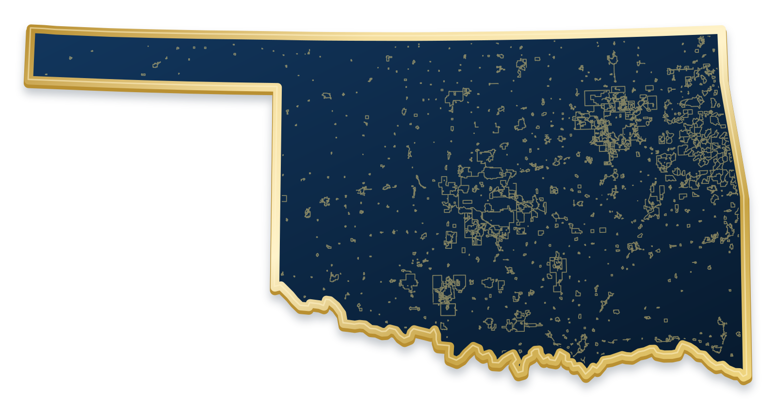 Oklahoma map with city and community outlines inside a raised metallic gold state border