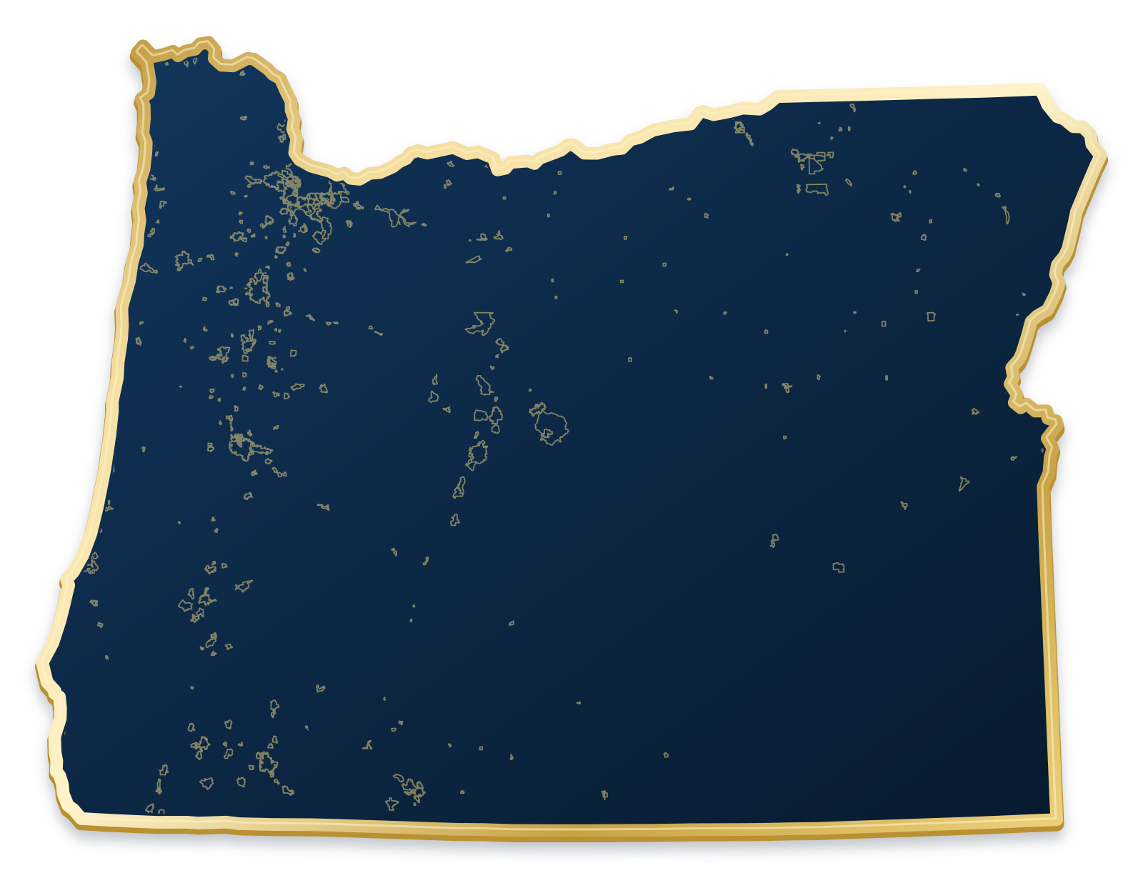Oregon map with city and community outlines inside a raised metallic gold state border
