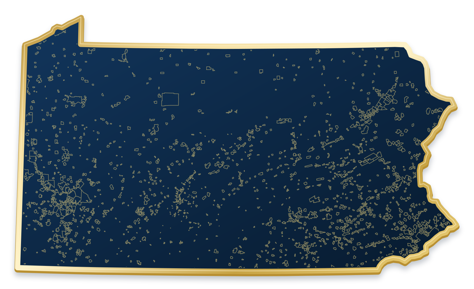 Pennsylvania map with city and community outlines inside a raised metallic gold state border