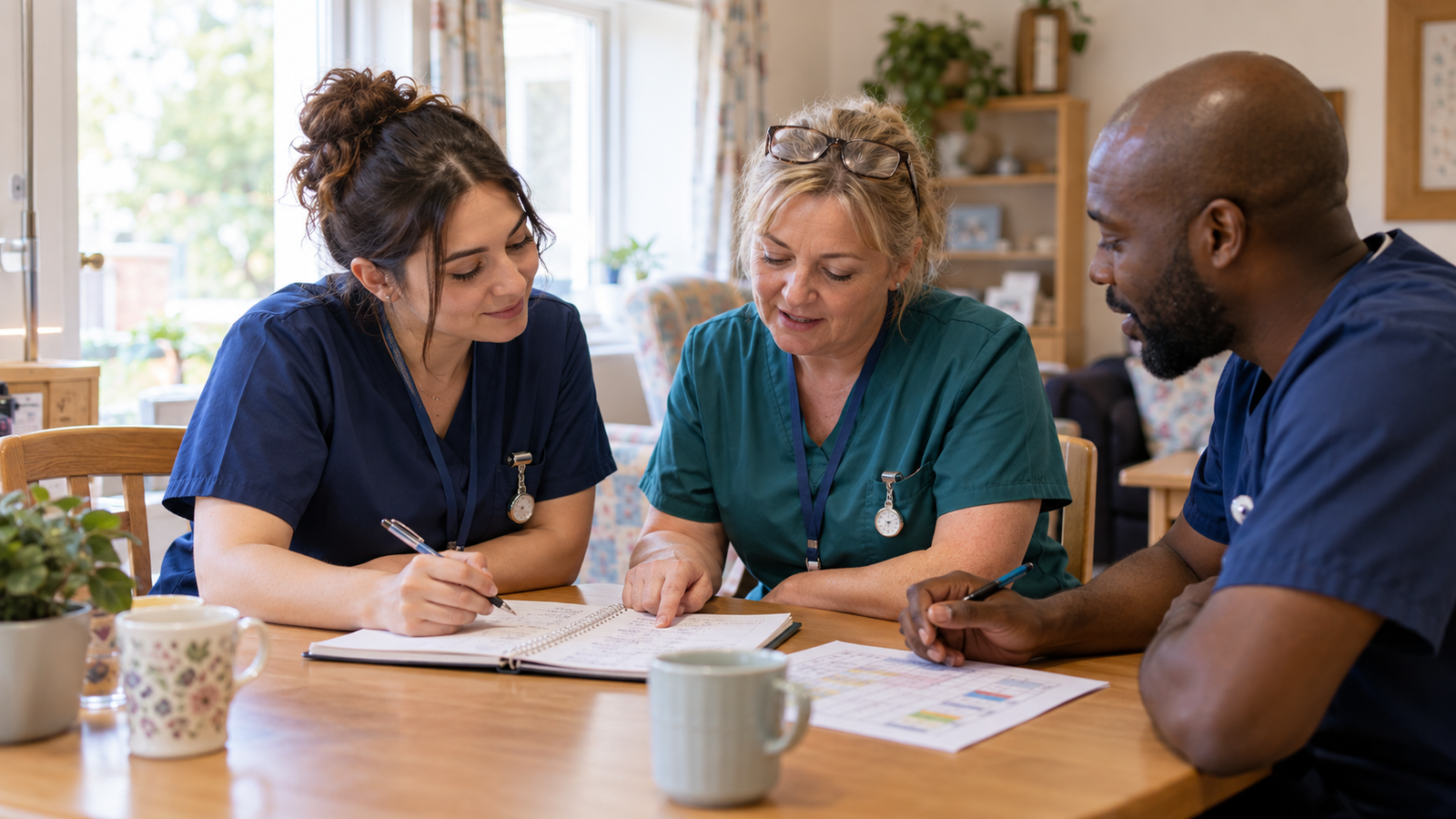 Illustrative scene of three care team members planning together at a work table.