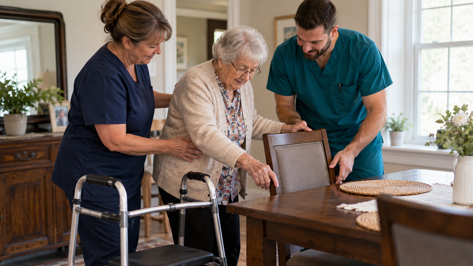 Illustrative scene of a residential care provider and team member helping an older resident settle at a dining table.