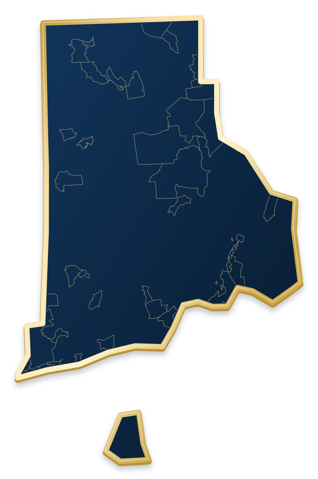 Rhode Island map with city and community outlines inside a raised metallic gold state border